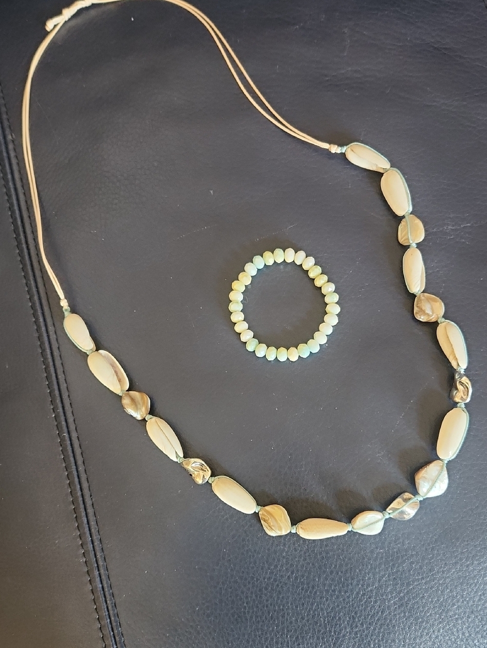 Neutral and Aqua Beaded Necklace with Matching Bracelet - Women Jewelry